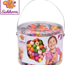 Eichhorn 100003442 Holzperlen-100003442 800 Pieces Wooden Bead Set in Bucket Assorted Colours and Shapes with Strings and Fasteners, 10x10x8cm