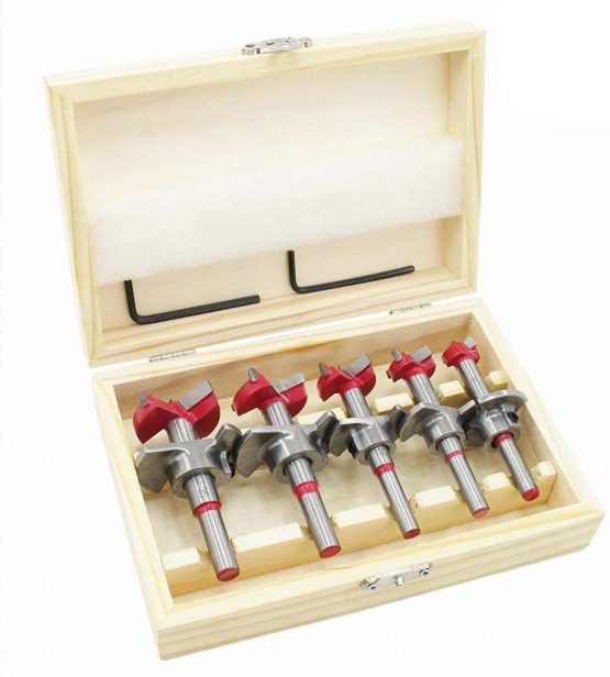 flintronic Forstner Drill Bit, 5PCS (15-35mm) Positioner Drill Bit Set, Hinge Hole Cutter, Hole Boring Bit, Carbide Woodworking Hole Saw with Depth Stoper (Depth Range:10~40mm), Hole Puncher Locator