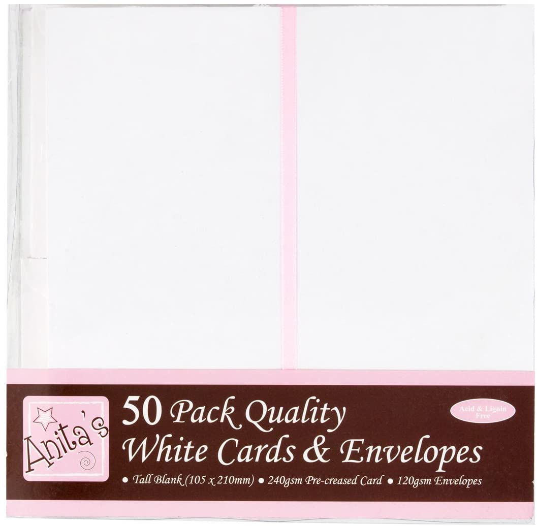 Anita's Tall Plain, Blank Cards & Envelopes, 10.5 x 21cm, White, Pack of 50, for Home Wedding, Birthday, Christmas, Thank You