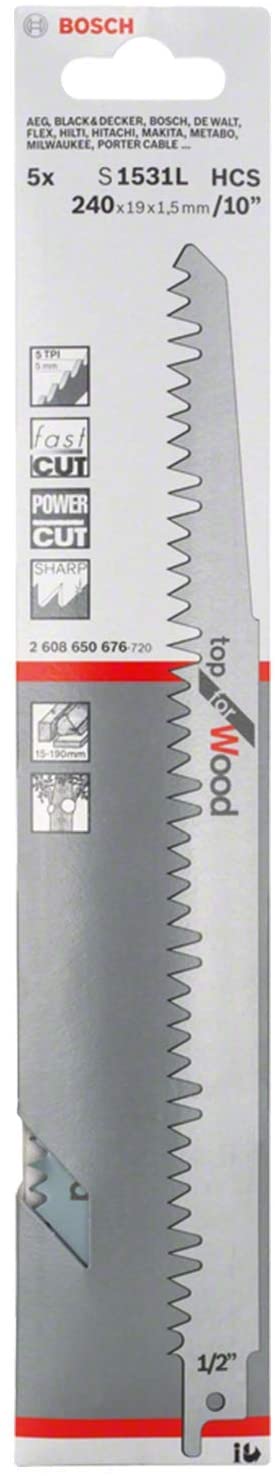 Bosch Professional 5 Recip Saw Blades S 1531 L Top for Wood (Wood, 240 x 19 x 1.5 mm, Accessories for Recip Saws) - Image 2