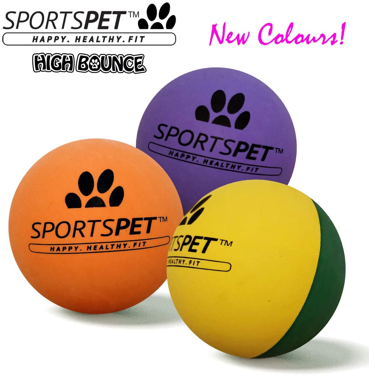 SPORTSPET High Bounce Natural Rubber Dog Balls (3 Pack High Bounce) (60mm), Blue, Green, Black, 3 Piece Set