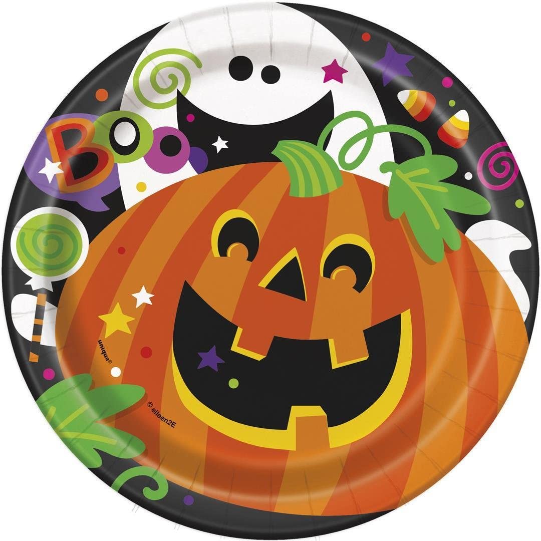 Unique Party 46494 - 18cm Happy Halloween Party Plates, Pack of 8, Orange/White, 7 Inches