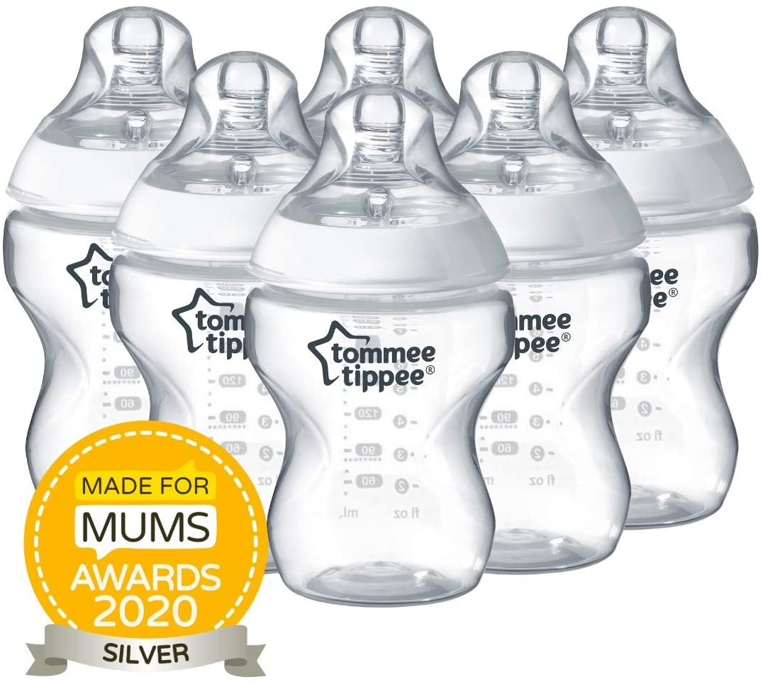 Tommee Tippee Closer to Nature® Baby Bottles, Breast-Like Teat with Anti-Colic Valve, 260ml, Pack of 6, Clear