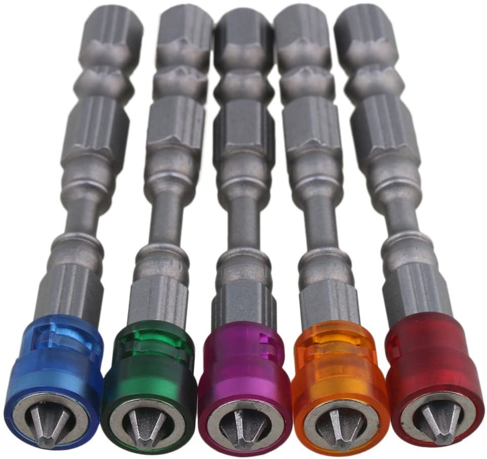 BQLZR 1/4" S2 Chrome Steel Drywall Magnetic Screwdriver Bit PH2 L65xD9mm Plasterboard Screw Bits Hex Shank with Depth Stop 1- Pack of 5