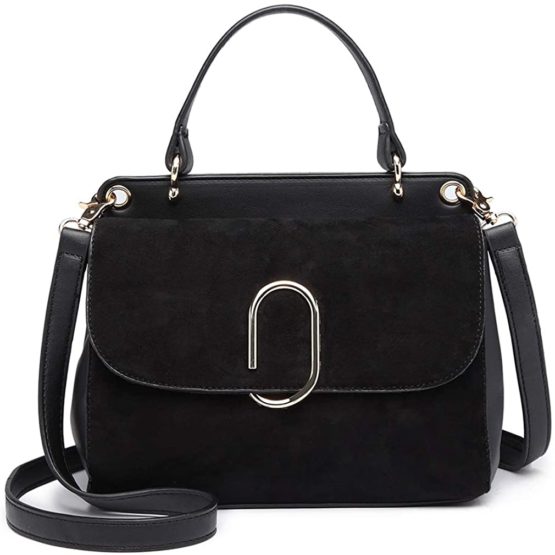 Miss Lulu Women Top Handle Bag Suede Handbags Shoulder Crossbody Bag For Work Shopping Travel Pu Leather (Black)