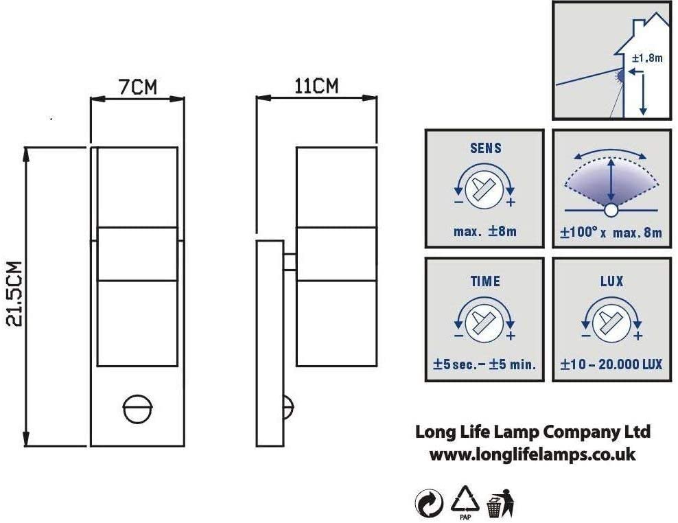 Long Life Lamp Company White Stainless Steel PIR Up Down Double Outdoor Wall Light with Movement Sensor Motion Detector ZLC058 - Image 4
