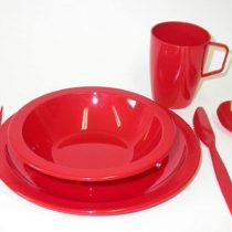 Camping Tableware Set - Plate, Bowl, Beaker and Cutlery - Red Reusable Virtually Unbreakable