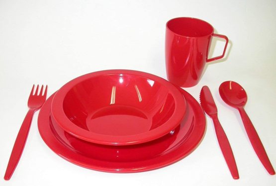 Camping Tableware Set - Plate, Bowl, Beaker and Cutlery - Red Reusable Virtually Unbreakable