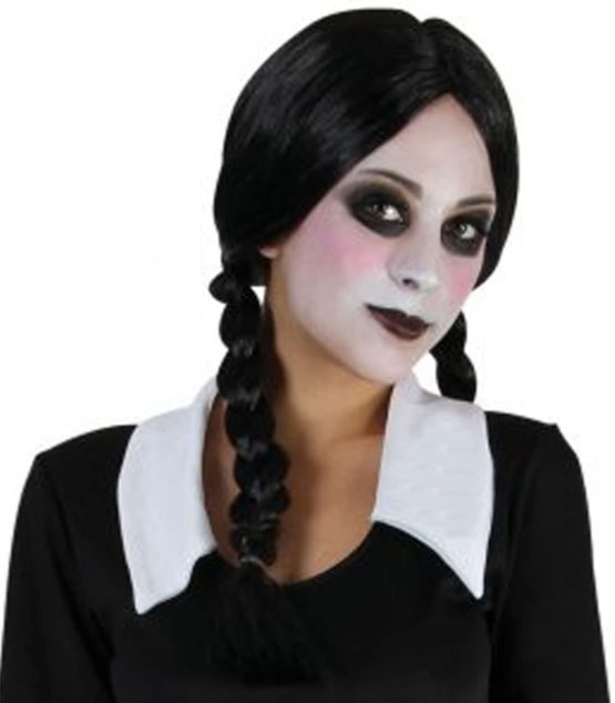 Halloween Black Plait Wig Wednesday Addams Witch Zombie Schoolgirl Fancy Dress