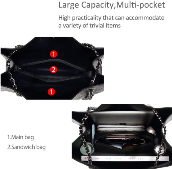 NICOLE&DORIS Women Fashion Shoulder Bag 2 Pcs Set Purse Large Tote Bag Handbags Chain Bag Black - Image 4