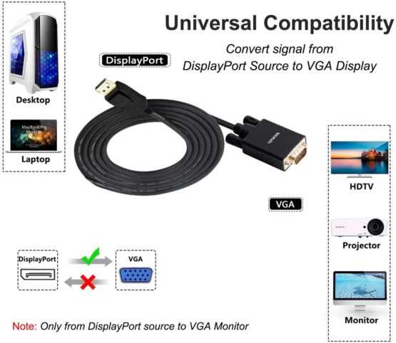 DisplayPort to VGA 1.8M Cable 2 Pack, Benfei Display Port to VGA Adapter Male to Male Gold-Plated Cord for Lenovo, Dell, HP, ASUS and other brand - Image 3