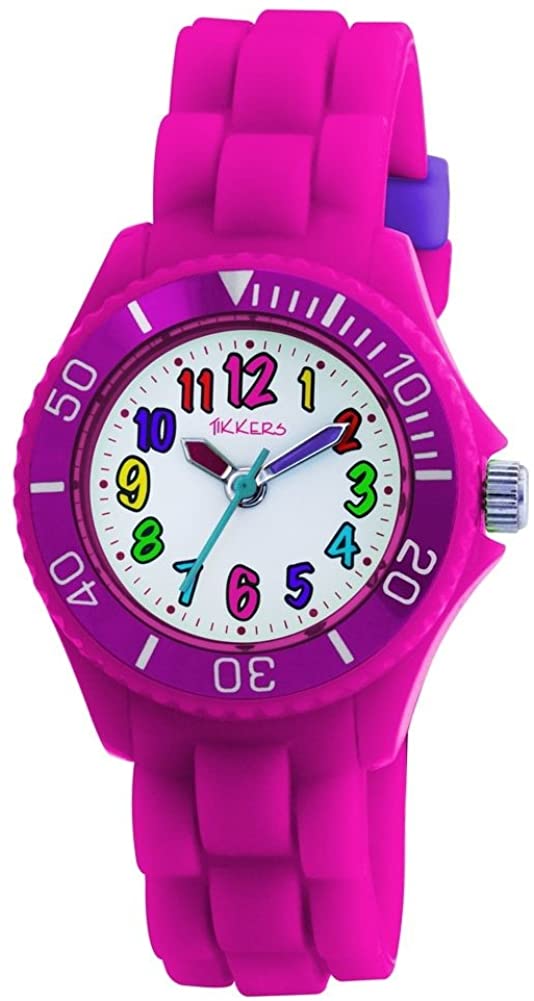 Tikkers Kids Fluorescent Pink Rubber/Silicon Strap Watch with Bright Funky Coloured Numbers TK0011, White/Pink