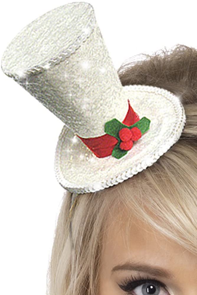 Smiffys Mini Top Hat, White with Glitter, on Headband, Christmas Fancy Dress Accessory