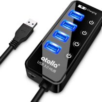 ATOLLA USB 3.0 Hub 4 Ports Extension Super Speed Data Transfer with On Off Switch and 1 USB Power Charging Port w/o AC Adapter (Black)