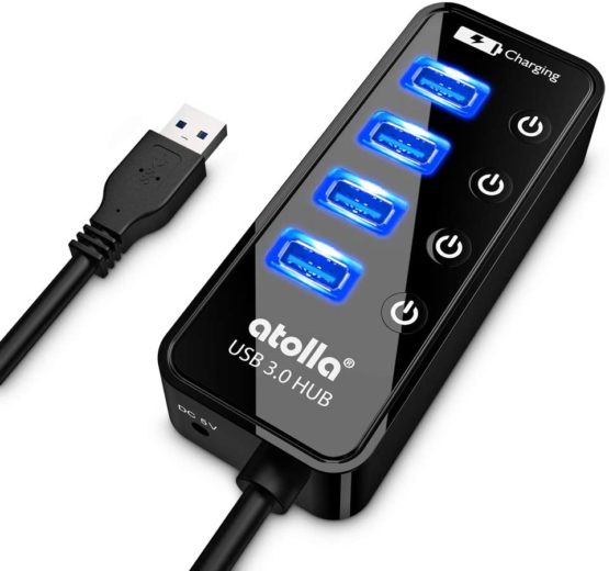ATOLLA USB 3.0 Hub 4 Ports Extension Super Speed Data Transfer with On Off Switch and 1 USB Power Charging Port w/o AC Adapter (Black)