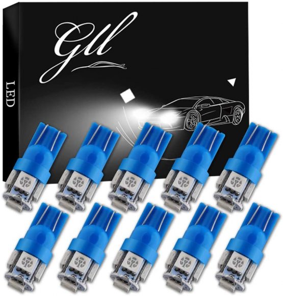 GLL 10-Pack T10 501 LED Bulbs W5W 194 168 Blue 5-SMD 5050 LED Car Interior,Dashboard,Number Plate,Sidelights Boot Light Bulbs (12 V)