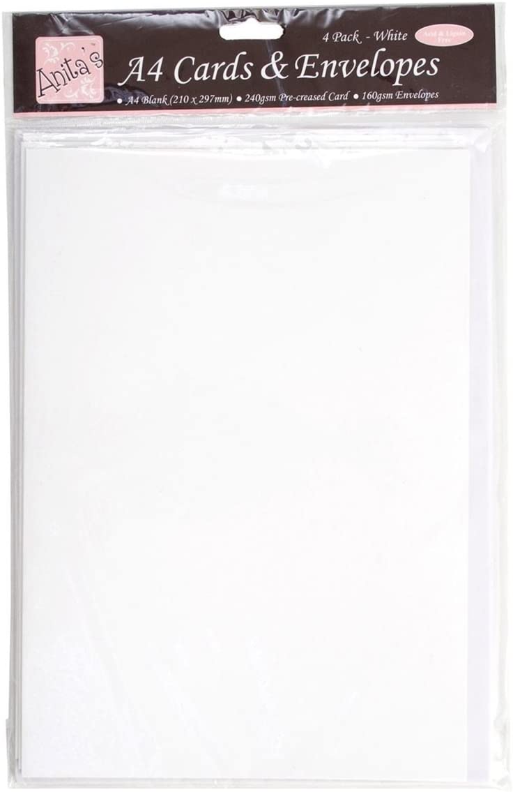 Anita's Plain, Blank Cards & Envelopes, A4, White, Pack of 4, for Home Wedding, Birthday, Christmas, Thank You, Art & Craft