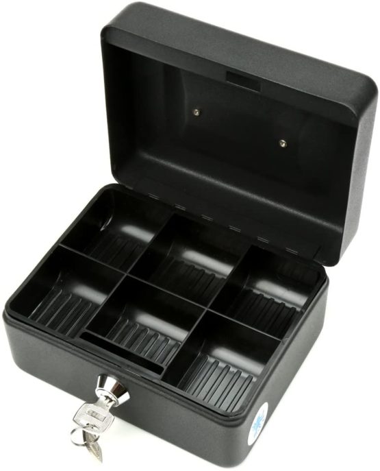 H&S Money Box Tin 6" Steel Cash Safe Box Petty Cash Deposit Tin with Lock 2 Keys - Black - Image 3