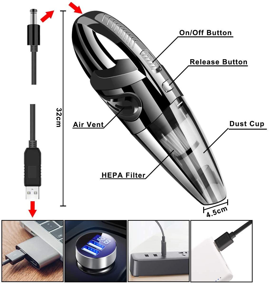 URAQT Handheld Lightweight Wet Dry Vacuum Cleaner Cordless, 120W with Powerful Suction, Portable Rechargeable for Car Home - Image 4