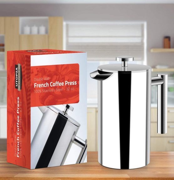 Kichly French Press Coffee Maker 1 Litre (32oz) Double Wall 100% Stainless Steel - Tea or Cafetiere Kettle - Portable Cafetière for Home and Camping (Silver) - Image 2