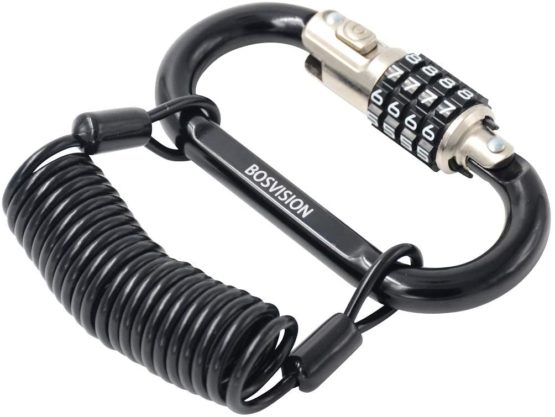 Bosvision 4-digit combination carabiner/karabiner padlock, hook padlock, helmet padlock, D ring padlock with 150cm coiled steel leash cable