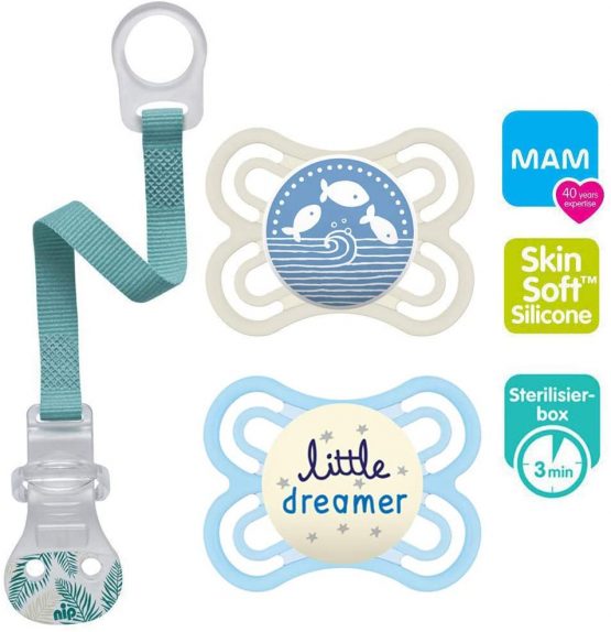 MAM Perfect Day & Night Dummies 0-6 incl.2 Sterils + BabyFehn pacifier holder