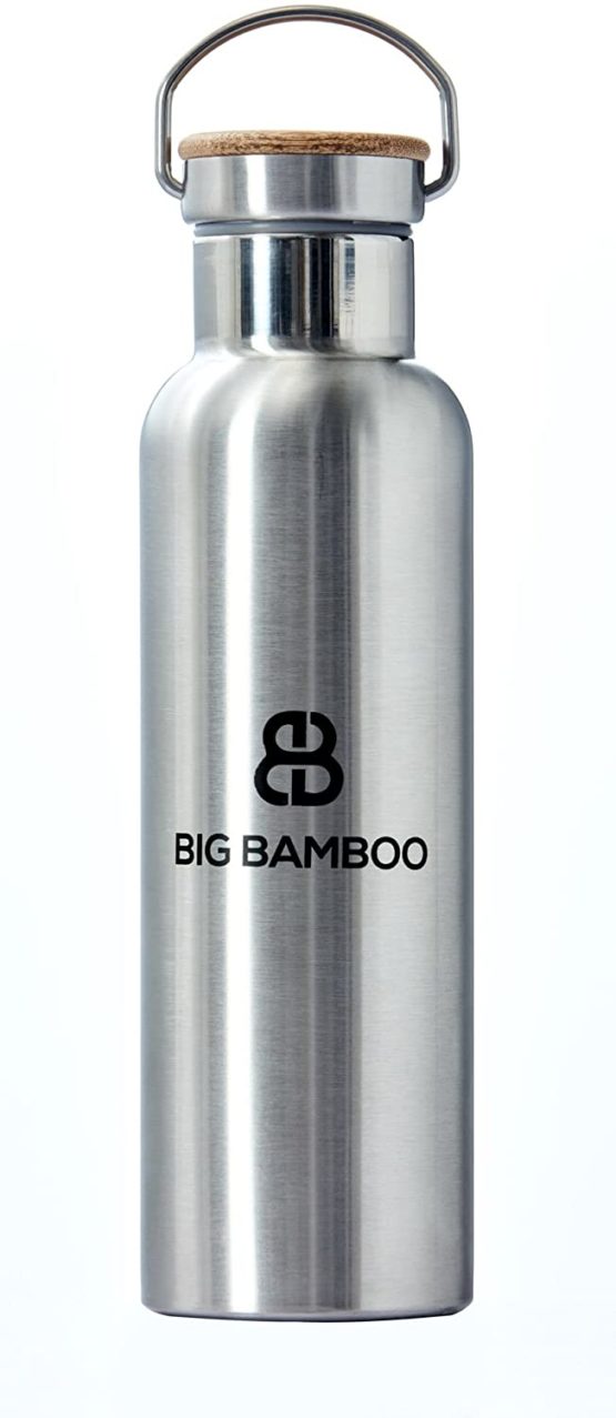 Big Bamboo Sustainable Stainless Steel Water Bottle 600ml - BPA Free, Leak Proof, Eco Friendly, Double Wall Insulated for Cold/Hot Drinks