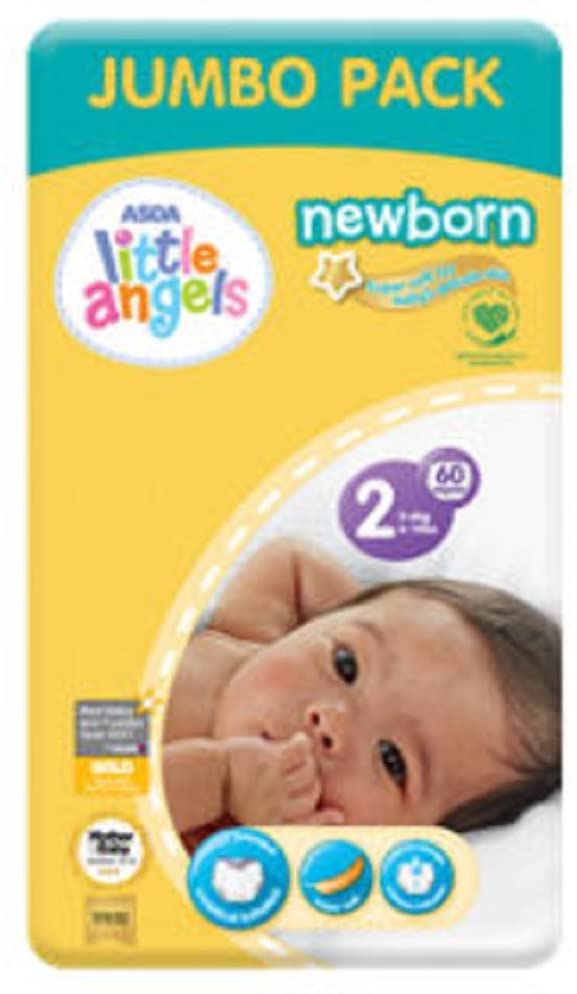 ASDA Little Angels Newborn Nappies Size 2 Big Saver Pack, White, 60 Count (Pack of 1)