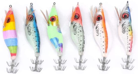 Alomejor 6PCS Fishing Luminous Shrimp Lure 10cm Hard Artificial Lure Wood Shrimp Bait with Octopus Cuttlefish Squid Hooks for Outdoor Fishing
