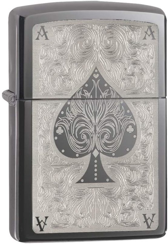 Zippo Men's Windproof Metal Long Lasting Best Fluid Refillable Perfect for Cigarettes Cigars Candles Pocket Lighter Fire Starter Ace Design, Black Ice, Regular