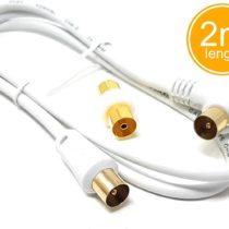 2m Long TV Aerial Right Angle with Plug Adapter - Coaxial Satellite Cable TV Antenna AV Lead Male to Male with RF Connector Coax Extension Gold - FreeView, FreeSat, Sky Box, BT