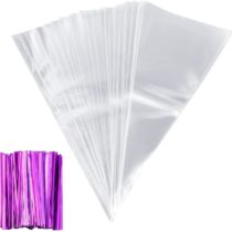 Anpro 100 pcs Clear Cone Bags with Purple Twist Ties for Party and Sweets