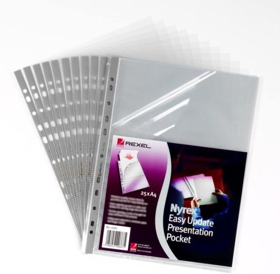 Rexel Nyrex Premium A4 Punched Pocket with Grey Spine, Clear, Top & Left Opening, Pack of 25, 13682