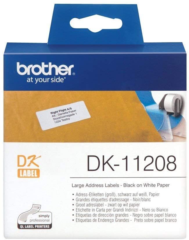 Brother DK-11208 Label Roll, Large Address Labels, Black on White, 400 Labels, 38 mm (W) x 90 mm (L), Brother Genuine Supplies