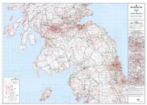 Large South And Central Scotland Postcode Wall Map, Covering Glasgow, Edinburgh And Newcastle, City Plan Inlays