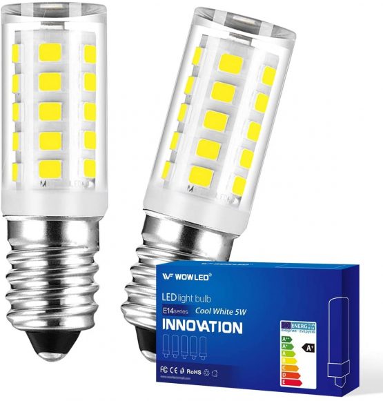 WOWLED E14 LED Bulbs, 5W Cool White 6000K Kitchen Range Hood Home Lamp, Non Dimmable, Energy Saving Light Bulbs, 2 Pack