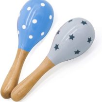PREMYO Baby Rattle Maracas - Wooden Musical Instruments for Toddlers - Newborn Sensory Toys - Dots Stars Blue Grey