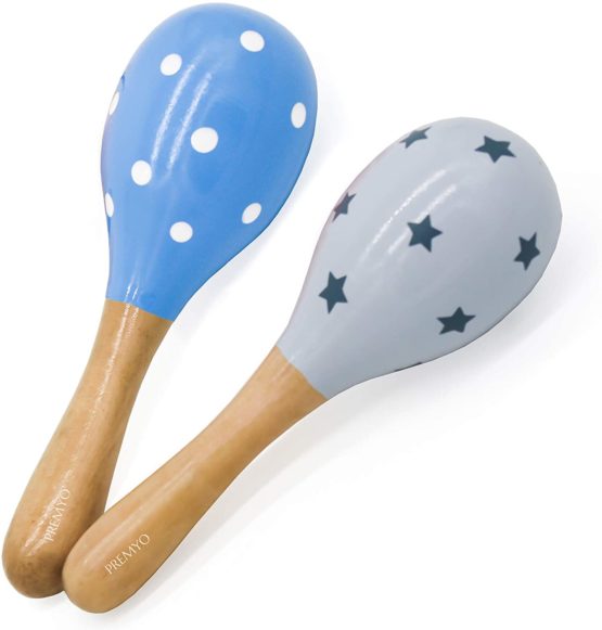 PREMYO Baby Rattle Maracas - Wooden Musical Instruments for Toddlers - Newborn Sensory Toys - Dots Stars Blue Grey