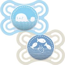 MAM Perfect Soothers 0+ Months (Pack of 2), Thinner and Softer Baby Soothers with Self Sterilising Travel Case, Newborn Essentials, Blue (Designs May Vary)