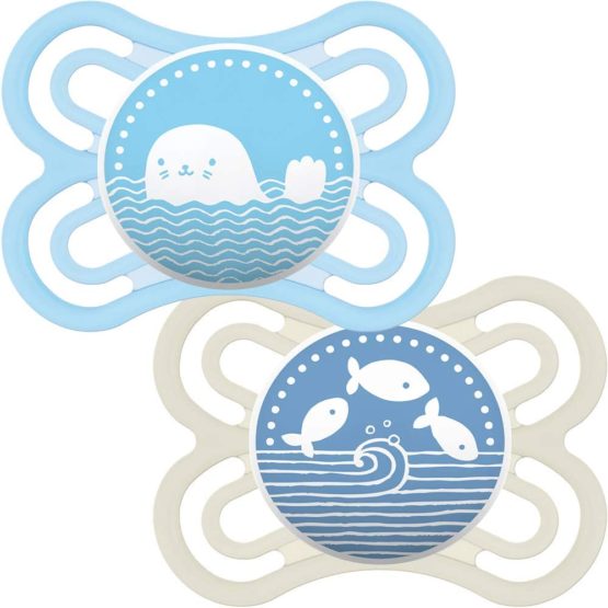 MAM Perfect Soothers 0+ Months (Pack of 2), Thinner and Softer Baby Soothers with Self Sterilising Travel Case, Newborn Essentials, Blue (Designs May Vary)
