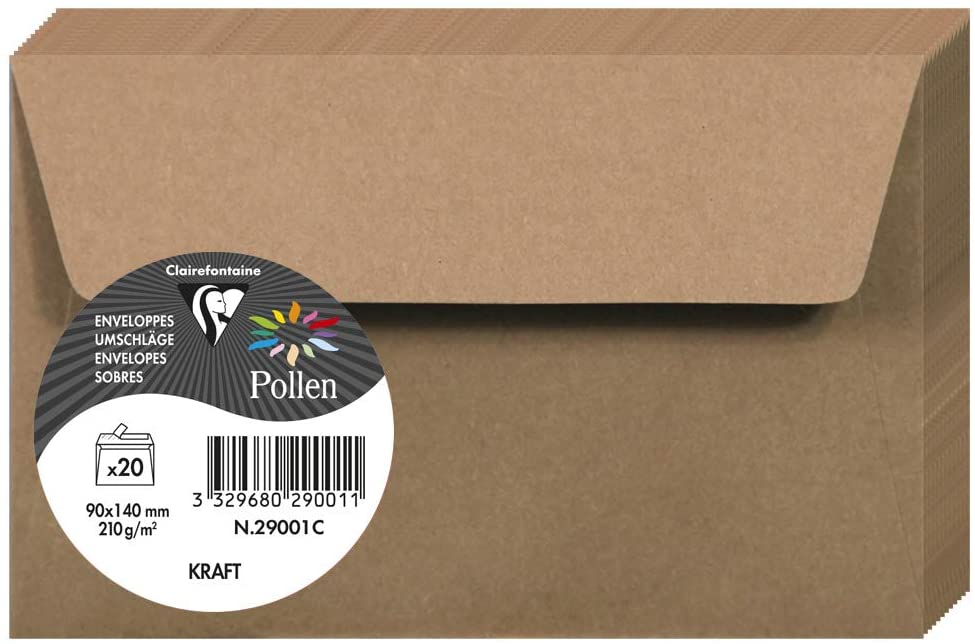 Clairefontaine 29001C Kraft Paper Pack of 20 Self-Adhesive Envelopes 9x14cm 120gsm Kraft Colour Invitation Events Correspondence Pollen Range Smooth Premium