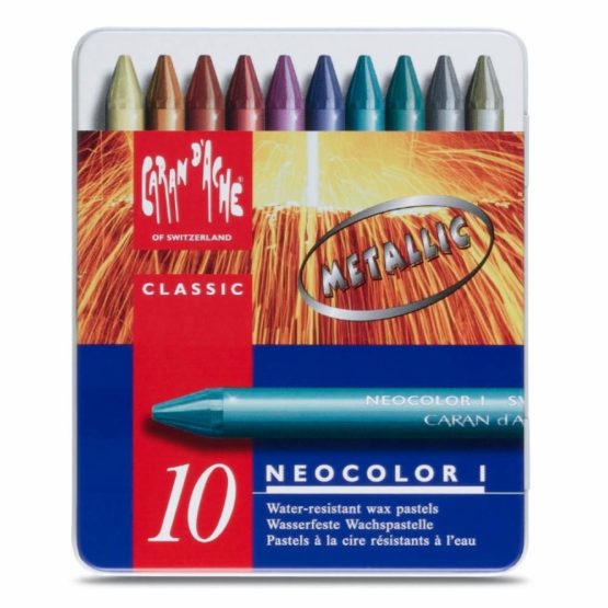Caran Dache Metal tin with 10 wax pastels assorted metallic colours