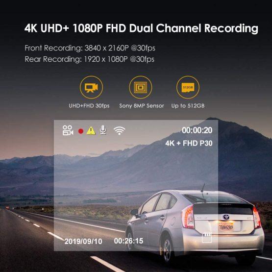 VIOFO 4K Dual Dash Cam A129 Pro Duo 3840 * 2160P Ultra HD 4K Dash Camera Sony 8MP Sensor GPS Wi-Fi, Buffered Parking Mode, G-sensor, Motion Detection, WDR, Loop Recording - Image 2