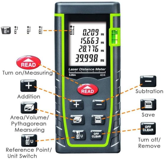 Laser Distance Meter, Portable Handle Digital Measure Tool Range Finder with Bubble Level and Large Backlit LCD 4 Line Display - Image 2