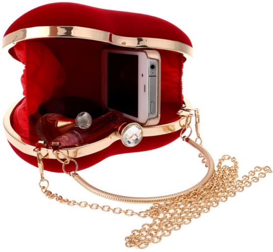 ZLMBAGUK Women Suede Heart Shape Mini Clutches And Evening Bag Clutch Party Bag Purse with a Chain and handle Ring Red - Image 4