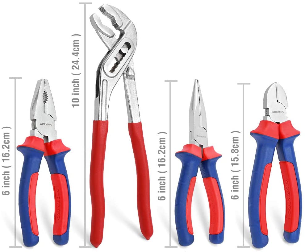 WORKPRO 4-Piece Pliers Set, 245 mm Water Pump Pliers, 160 mm Long Nose Plier, 160 mm Combination Plier, 160mm Side Cutter - Image 2
