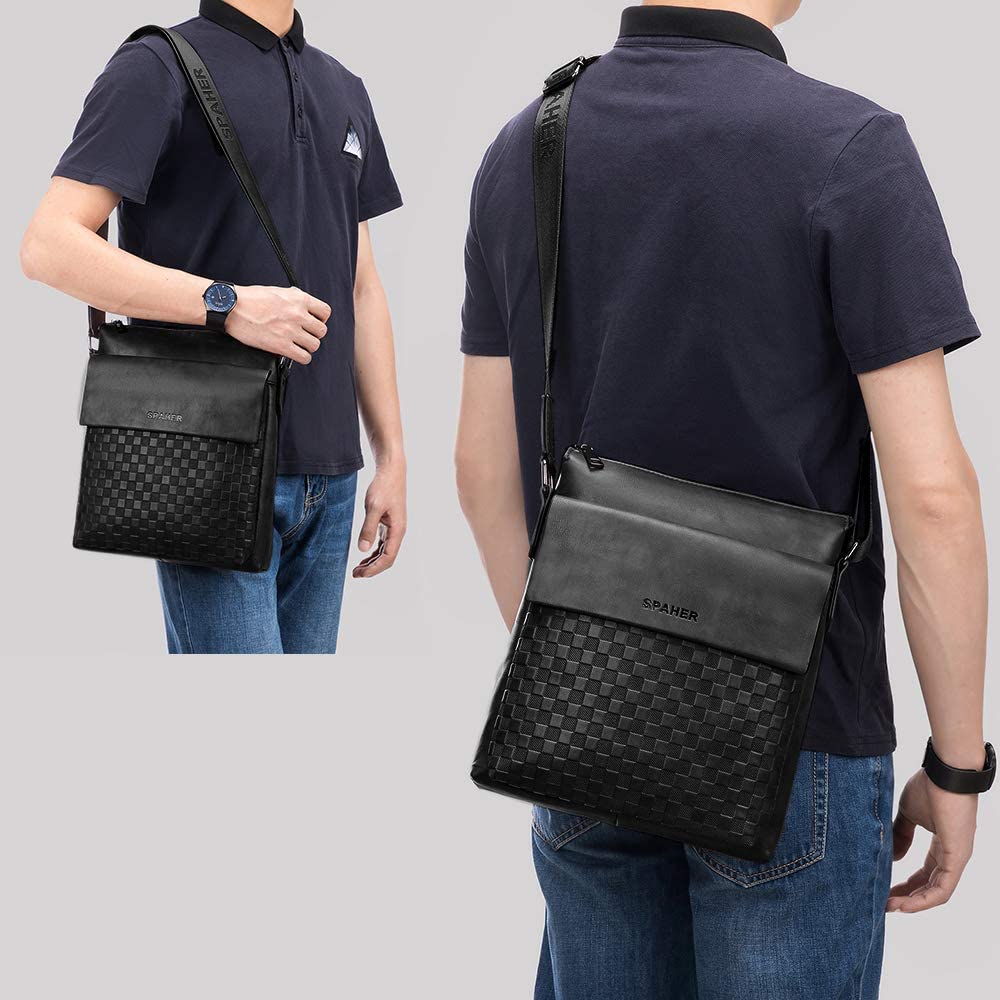 SPAHER Large Mens Leather Bag Handbag Ipad Shoulder Bag Business Messenger Bag Crossbody Casual ...