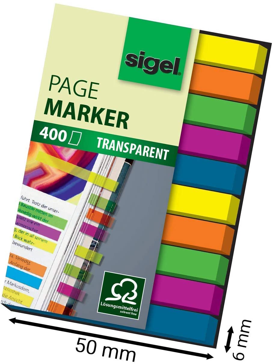 SIGEL HN617 Transparent Index Page Markers; film, micro, 400 strips, Green/Blue/Pink/Yellow/Orange, Multicolor, 110 x 57 mm