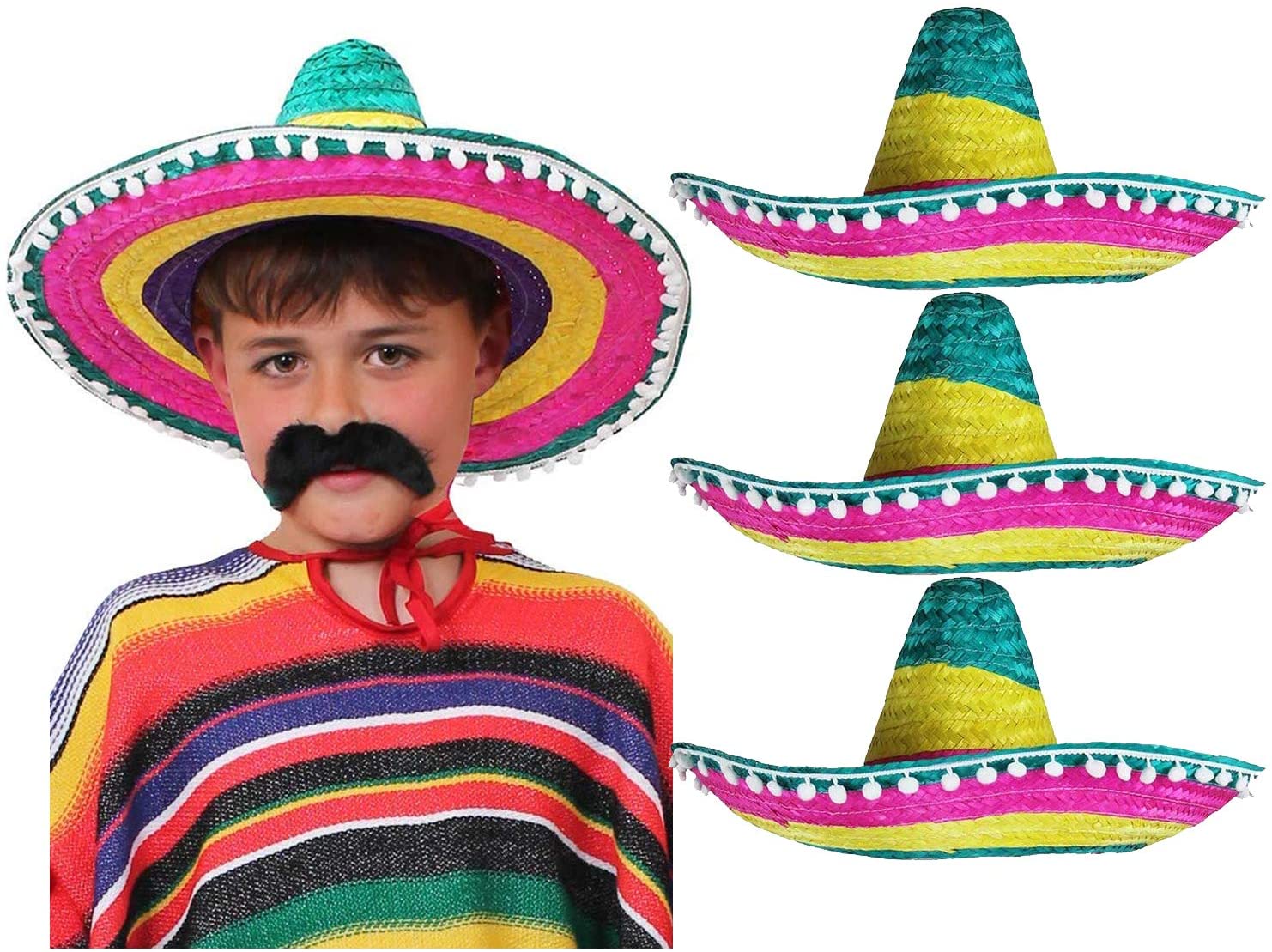 Pack of 3 Kids Multicoloured Mexican Sombrero Hats, Traditional Rainbow Straw Sombreros with Pom Pom Trim