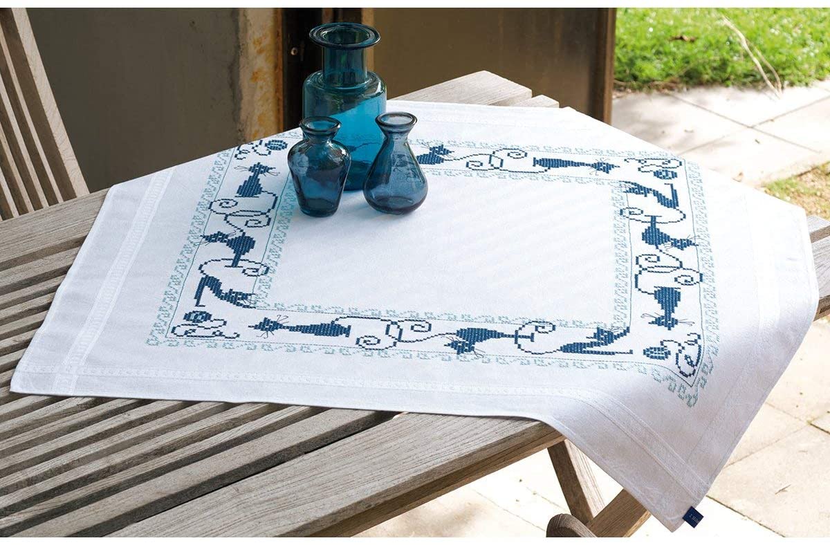 Vervaco Cheerful Cats Tablecloth Stamped Embroidery Kit x 32-inch, Transparent, 31.5 x 31.5 inch (Square)